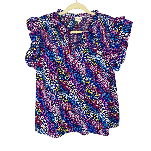 Shop The Mint Tops - Shop The Mint XL Smocked Flutter Sleeve Abstract Leopard Print Blouse MultiColor